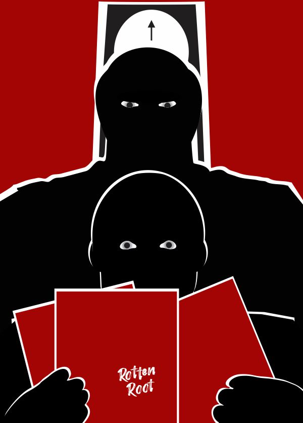 Ilustração com um fundo vermelho no qual, na parte inferior, aparece a silhueta de meio corpo de um homem com os olhos arregalados segurando três folhas vermelhas. Atrás dele, está a silhueta de um homem com olhar severo. Mais trás, a silhueta de um grande relógio de pêndulo.